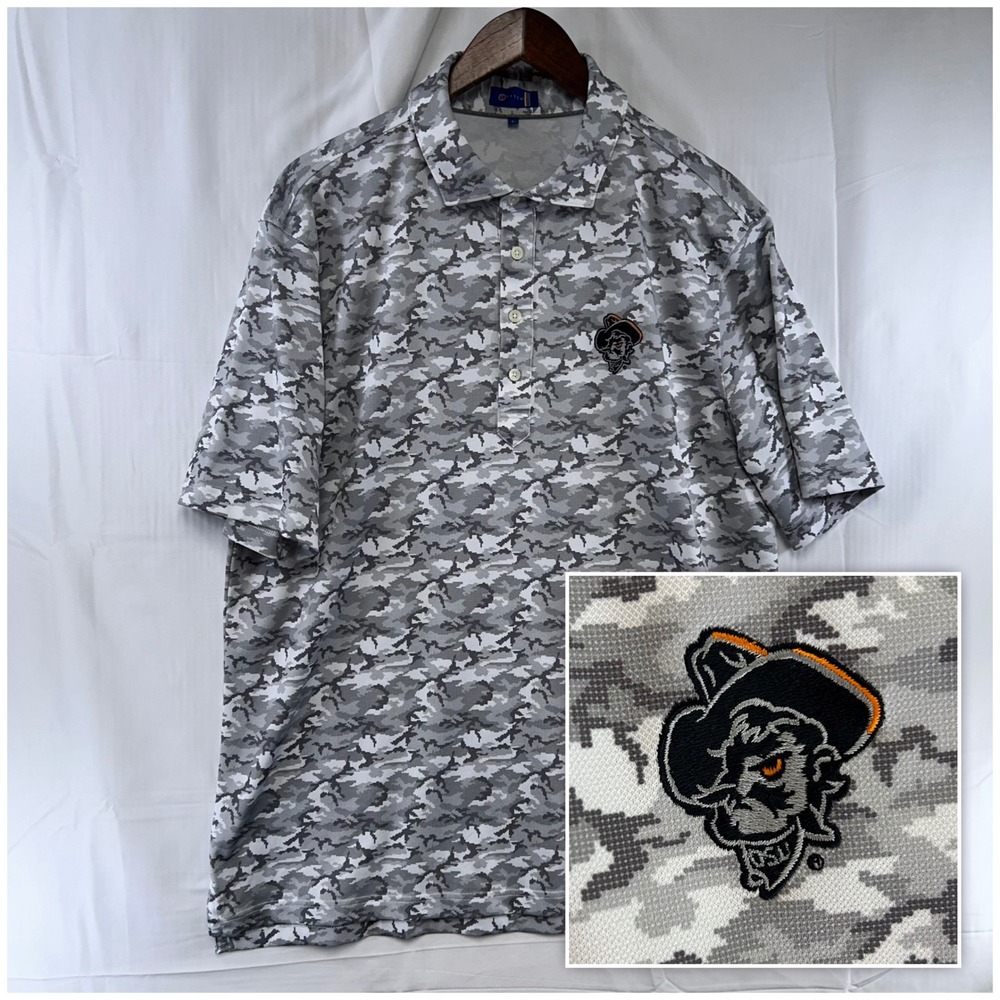 Oklahoma State Cowboys Stitch Golf Polo Shirt Mens L Grey Camo OSU Shadow Pete